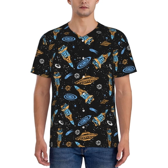 Rateoe Space Rockets Pattern Men’s Baseball Short Sleeve Polo Shirt, Midweight Men's Shirt Golf Shirt Polo Shirts Quick Dry Short-XX-Large