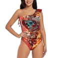 thumbnail image 1 of Rateoe Space Skeleton Art Pattern Women One Piece Swimsuits Tummy Control One Shoulder Bathing Suits Ruffle Swimwear-, 1 of 6