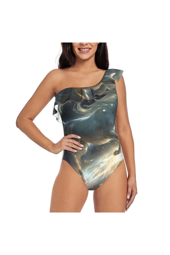 Space White Horse Pattern Women One Piece Swimsuits Tummy Control One Shoulder Bathing Suits Ruffle Swimwear-