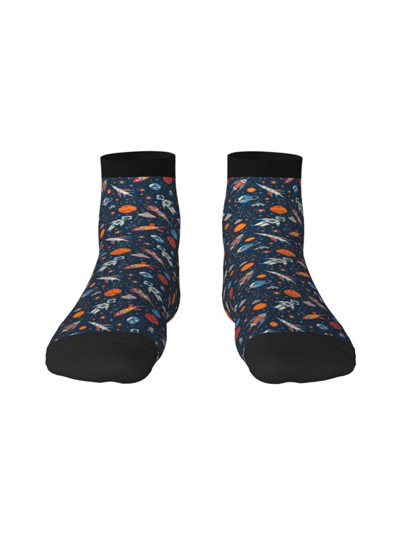 Spaceships And Stars In Outer Space Pattern Quarter Crew Socks,Toe Seamed Ankle Socks,Cotton Cushioned Breathable Athletic Crew Sports Socks