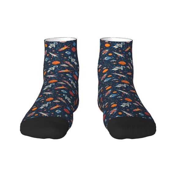 Rateoe Spaceships And Stars In Outer Space Pattern Quarter Crew Socks,Toe Seamed Ankle Socks,Cotton Cushioned Breathable Athletic Crew Sports Socks
