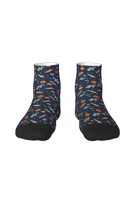 Spaceships And Stars In Outer Space Pattern Quarter Crew Socks,Toe Seamed Ankle Socks,Cotton Cushioned Breathable Athletic Crew Sports Socks