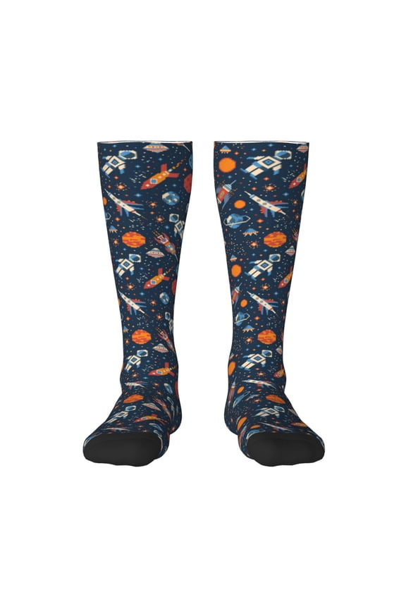 Spaceships And Stars In Outer Space Pattern Women’s Knee High Crew Socks,Trouser Socks Comfortable, Breathable, Moisture-Wicking and Soft