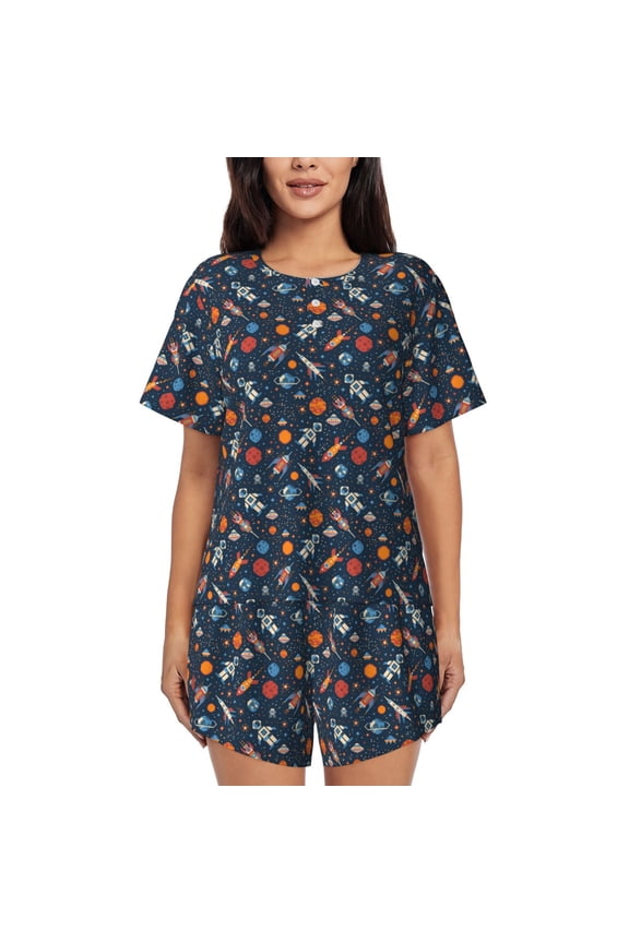 Spaceships And Stars In Outer Space Pattern Women's Short-Sleeved Pajama Set - 2 Piece Soft and Lightweight Sleepwear Set-3X-Large
