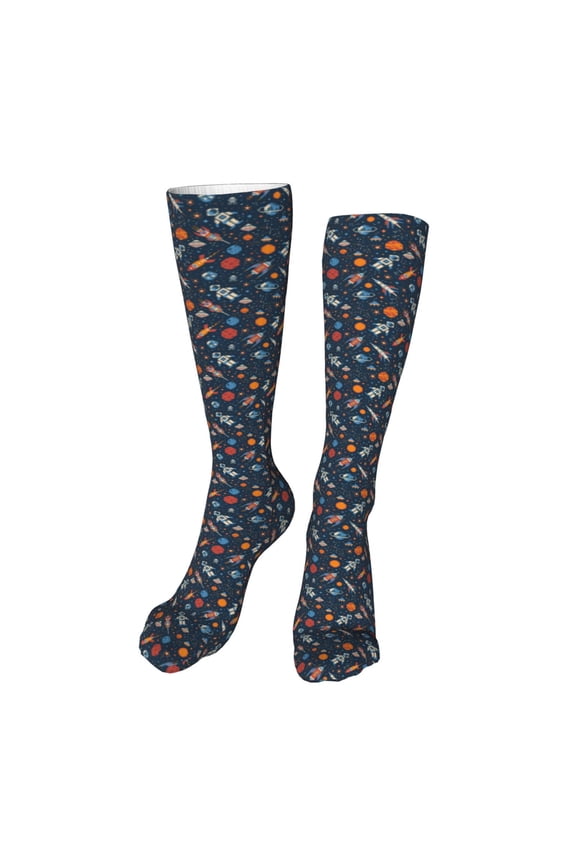 Spaceships And Stars In Outer Space print Women's Men's Novelty 20in Crew Socks Cotton Socks Knee High Socks for Walking,Running,Nurses,Pregnancy-One Size