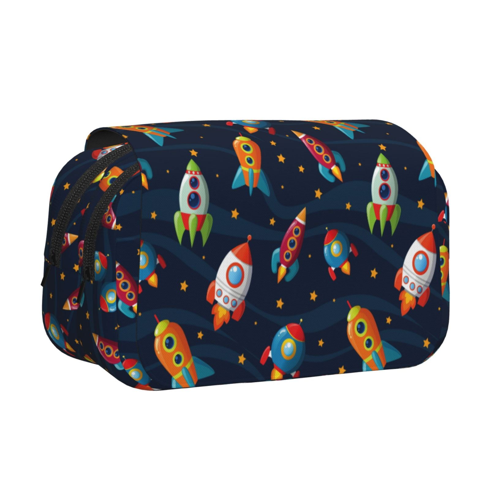 Rateoe Spaceships and Stars Pattern Double Clamshell Pen Case, Storage Organizer with Two Zipper Compartments– Holds Up to 50 Pencils & Pens