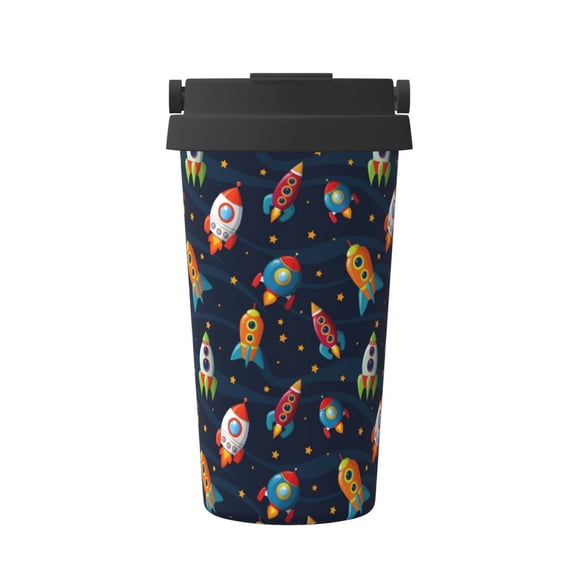 Rateoe Spaceships and Stars Pattern Travel Coffee Mug Tumbler with Flip Lid | Reusable Insulated Stainless Steel Cold Brew Iced Coffee Cup Thermos
