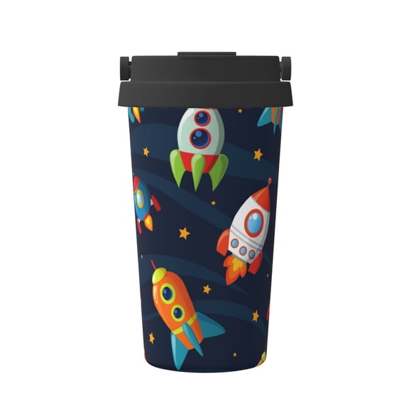 Rateoe Spaceships and Stars Pattern Travel Coffee Mug Tumbler with Flip Lid | Reusable Insulated Stainless Steel Cold Brew Iced Coffee Cup Thermos