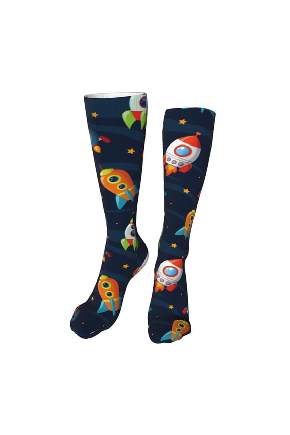 Spaceships and Stars print Women's Men's Novelty 20in Crew Socks Cotton Socks Knee High Socks for Walking,Running,Nurses,Pregnancy-One Size