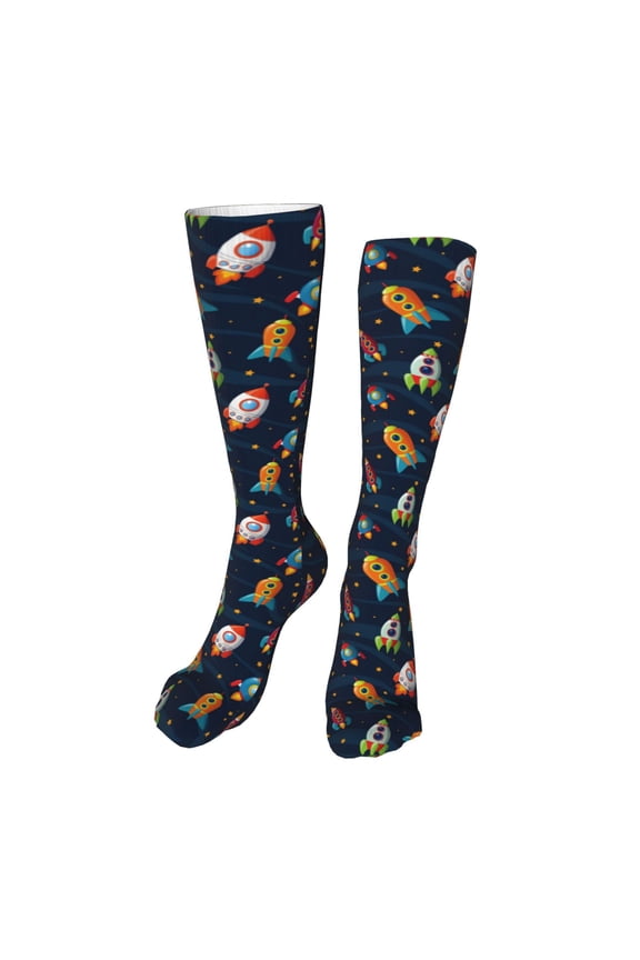 Spaceships and Stars print Women's Men's Novelty 20in Crew Socks Cotton Socks Knee High Socks for Walking,Running,Nurses,Pregnancy-One Size