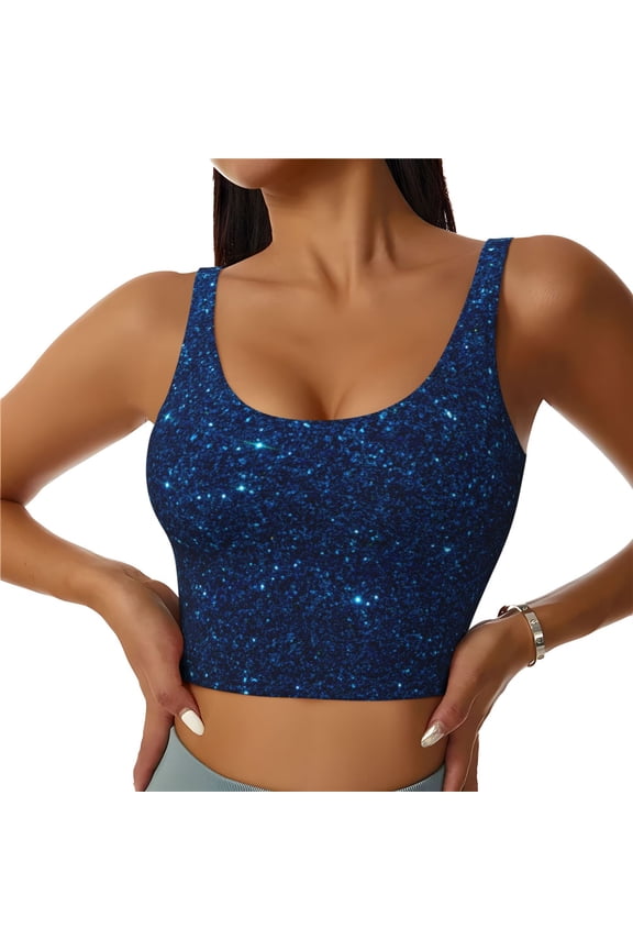 Sparkling Blue Glitter Print Womens' Sports Bras Scoop Neck Sports Vest- Padded U Back Seamless High Impact Support-Small