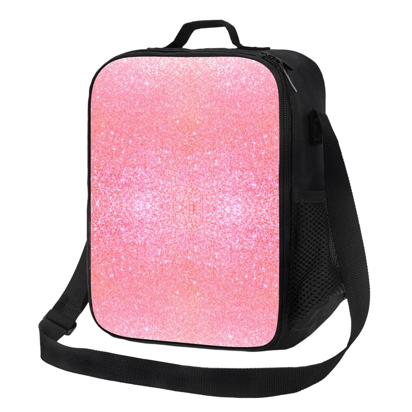 Rateoe Sparkly Pink Glitter Lunch Bag Reusable Lunch Box with Shoulder Straps for Men Women Insulated Portable Lunchbox for adults Suitable for School Work Picnic