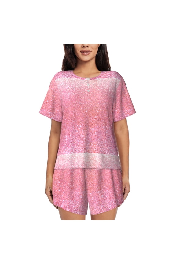 Sparkly Pink Glitter for 2 Piece Short Sleeves Pajama Sets Casual Lounge Sleepwear Ladies Pjs Sets with Pocket-X-Large