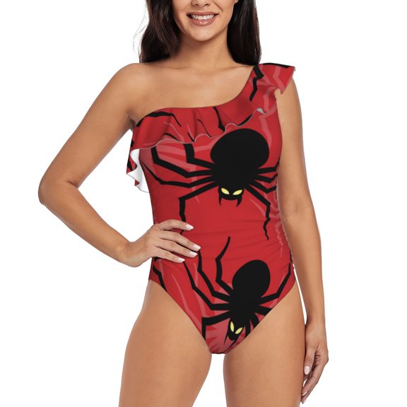 Rateoe Spider Pattern Women One Piece Swimsuits Tummy Control One Shoulder Bathing Suits Ruffle Swimwear-XX-Large