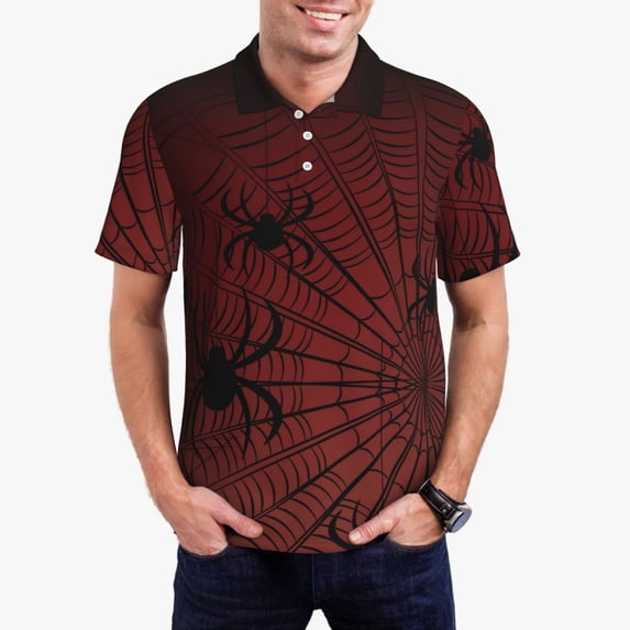 Rateoe Spiders On A Web Pattern Men's Short Sleeve Polo Shirts, Golf Polo Shirts Short Sleeve Performance Moisture Wicking Dry-X-Large