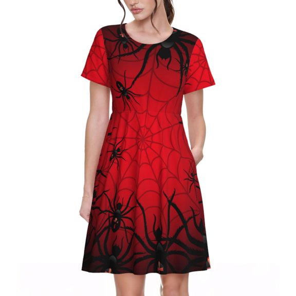 Rateoe Spiders On The Web And Space Pattern Women’s Short Sleeve Dress – Casual Elegant Summer A-Line Dress for Everyday Wear