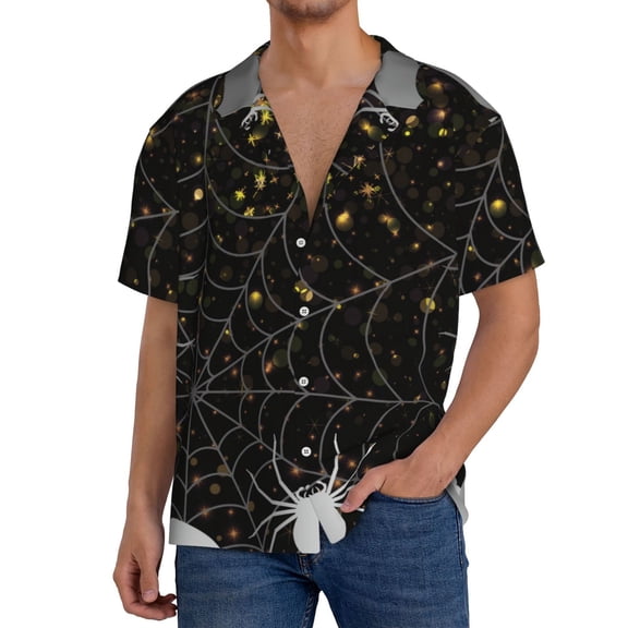 Rateoe Spiderweb Bats And A Spider Pattern Men's Short Sleeve Classic Shirt, Casual Short-Sleeved Shirt, Lightweight Summer Shirt, Cuban Collar Shirt,Button-Front Shirt-XX-Large