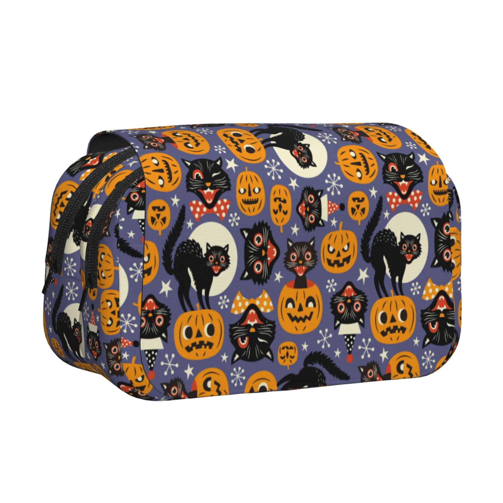 Rateoe Spooky Cats And Halloween Pumpkins Pattern Double Clamshell Pen Case, Storage Organizer with Two Zipper Compartments– Holds Up to 50 Pencils & Pens