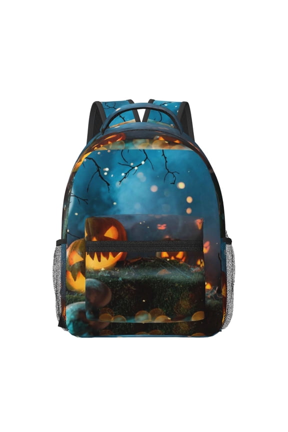 Spooky Halloween Pattern Durable Student Backpack Laptop Bag- Ergonomic Design, Waterproof Twill Fabric - Ideal for School, Travel, and Outdoor Activities