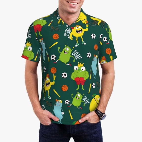 Rateoe Sport Monster Pattern Men's Short Sleeve Polo Shirts, Golf Polo Shirts Short Sleeve Performance Moisture Wicking Dry-Medium