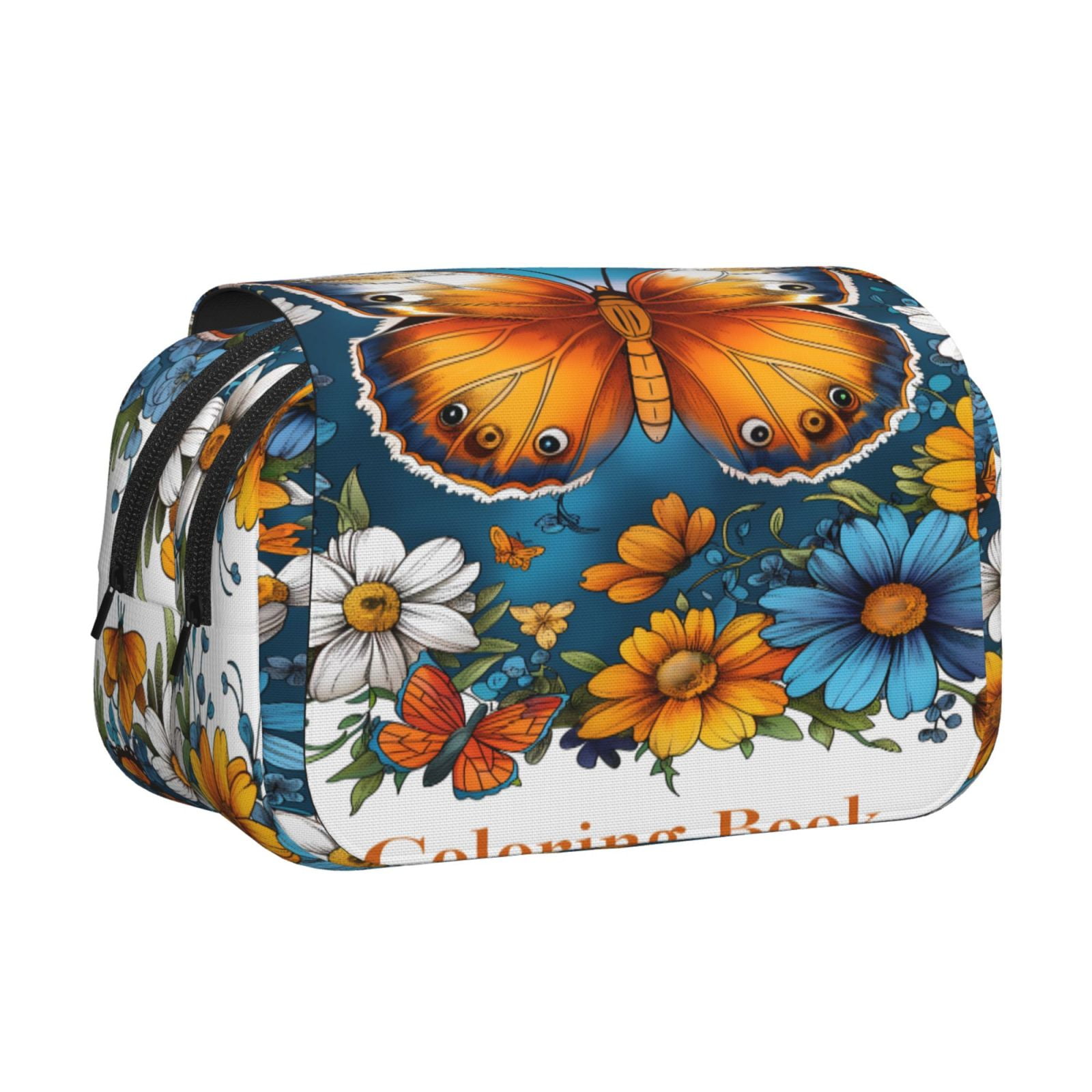 Rateoe Spring Butterfly Flowers Pattern Double Clamshell Pen Case, Storage Organizer with Two Zipper Compartments– Holds Up to 50 Pencils & Pens