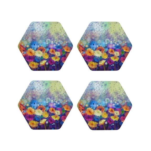 Rateoe Spring Flower Seasonal Drawing Drink Coasters Set of 4 Leather Coasters Spill Protection for Table Desk,Durable and Non Slip Leather Coaster ,4 Inches Drink Mats-Hexagon