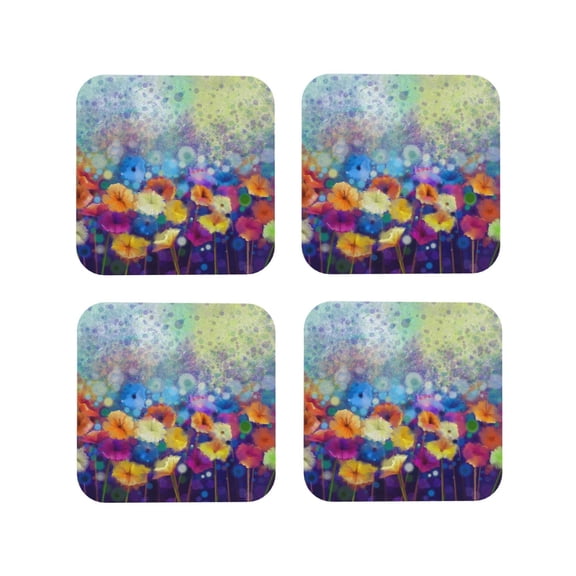 Rateoe Spring Flower Seasonal Drawing Drink Coasters Set of 4 Leather Coasters Spill Protection for Table Desk,Durable and Non Slip Leather Coaster ,4 Inches Drink Mats-Square