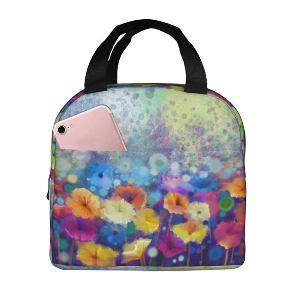 Rateoe Spring Flower Seasonal Pattern Insulated Lunch Bag with Thick Aluminum Foil Lunch Tote Bag with Front Pocket for Men and Women, Ideal for Work, School, Picnics, and Travel