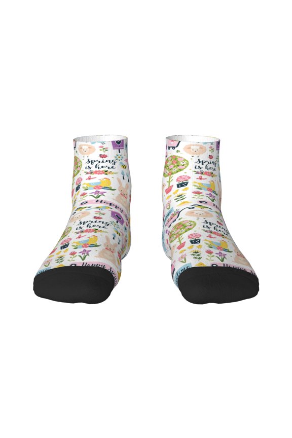 Spring Flowers Birds Pattern Quarter Crew Socks,Toe Seamed Ankle Socks,Cotton Cushioned Breathable Athletic Crew Sports Socks