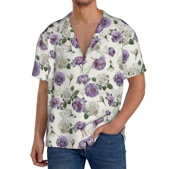 Rateoe Spring Flowers Pattern Men's Short Sleeve Classic Shirt, Casual Short-Sleeved Shirt, Lightweight Summer Shirt, Cuban Collar Shirt,Button-Front Shirt-X-Large