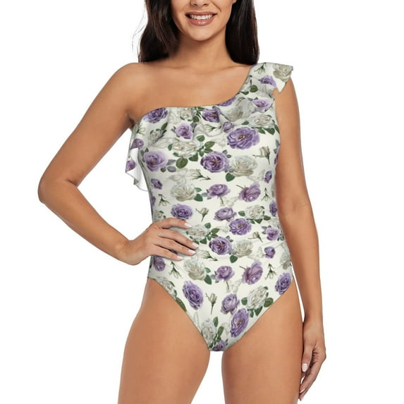Rateoe Spring Flowers Pattern Women One Piece Swimsuits Tummy Control One Shoulder Bathing Suits Ruffle Swimwear-Medium