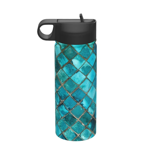 Rateoe Square Glass Mosaic Printed 18oz Sports Insulated Water Bottle, Double-Walled Stainless Steel Kettle with Leak-Proof Straw Lid, Portable & BPA-Free for Outdoor, Gym, Camping, and Travel