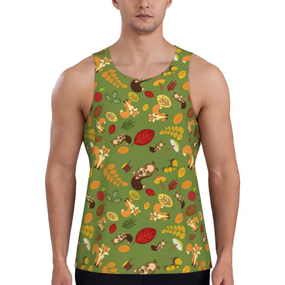 Rateoe Squirrel And Fox In The Forest Pattern Sleeveless Gym Shirt Muscle Tee Breathable Workout Shirt Slim-Fit Tank Quick Dry Fit Muscle Tank Top Bodybuilding Sleeveless T Shirt-