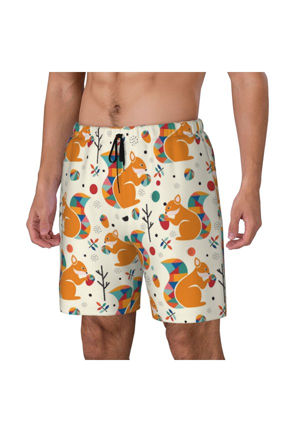 Squirrel With Colorful Tail Pattern Men’s Swim Shorts with Compression Liner – Double-Layered Quick-Dry Swimwear, Comfortable & Stretchy Beach Shorts-Small