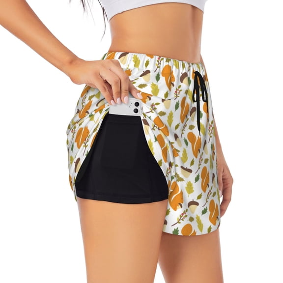 Rateoe Squirrel Eating Nuts Printed 2 in 1 Women's Workout Shorts for Athletic Gym Running Shorts with Phone Pockets-
