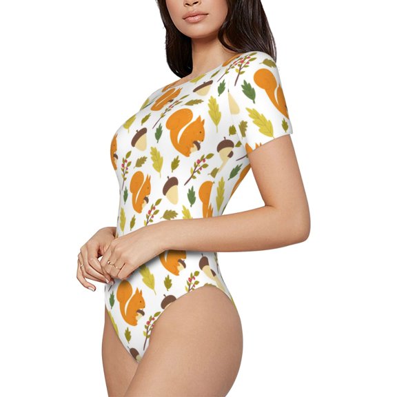 Rateoe Squirrel Eating Nuts Printed Women Rash Guard Short Sleeve,Tummy control Swimsuit Surfing Swimsuit Bathing Suit Short-sleeved Onesie UPF 50+