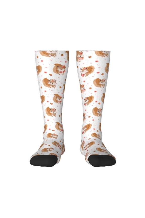 Squirrel Giving A Gift Pattern Women’s Knee High Crew Socks,Trouser Socks Comfortable, Breathable, Moisture-Wicking and Soft