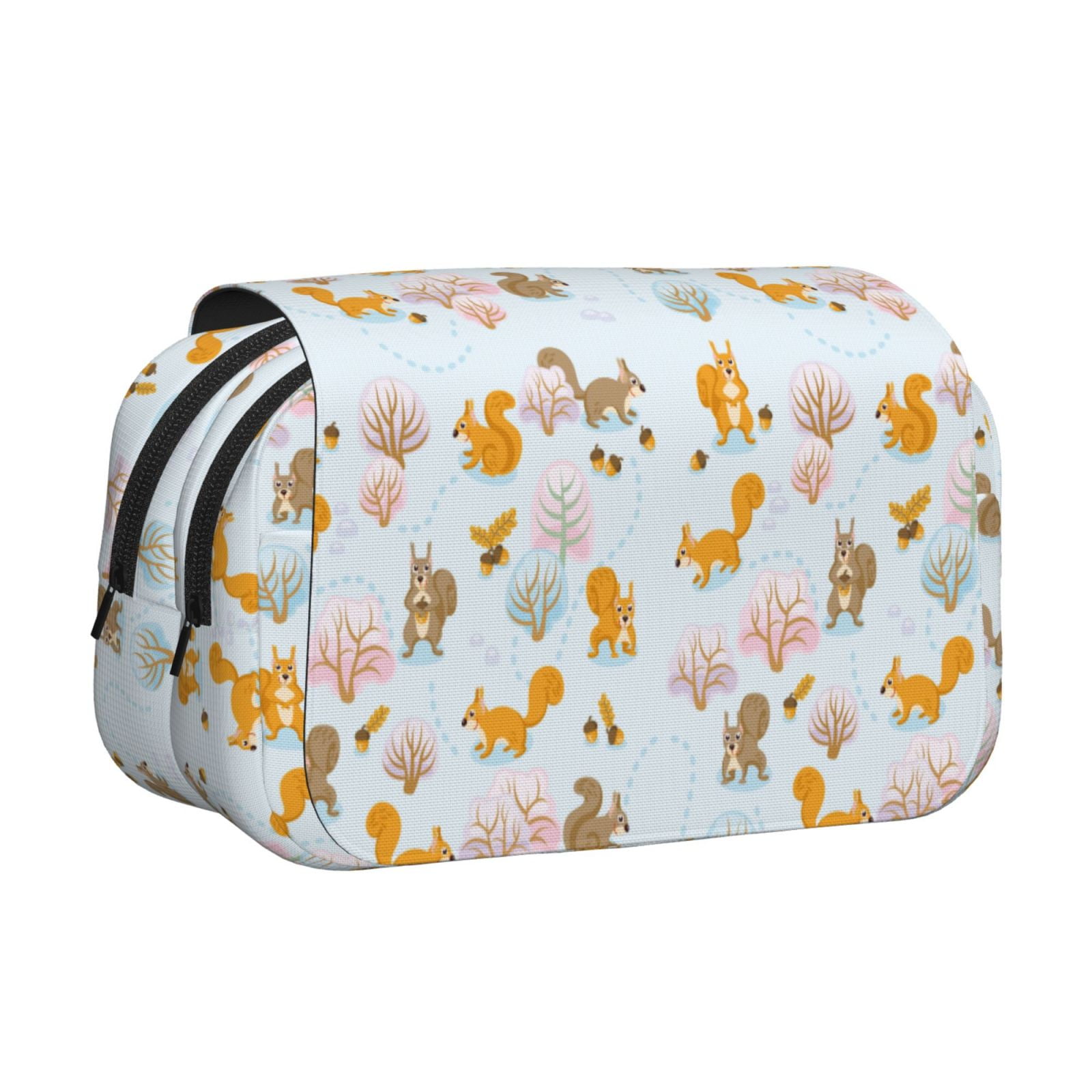 Rateoe Squirrel In The Forest Pattern Double Clamshell Pen Case, Storage Organizer with Two Zipper Compartments– Holds Up to 50 Pencils & Pens