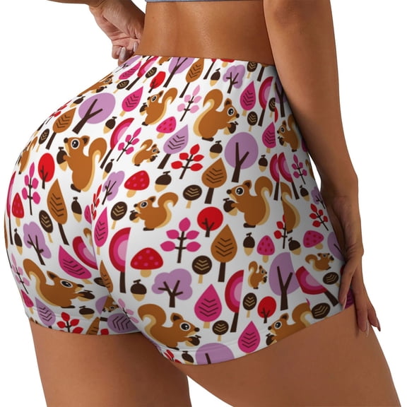 Rateoe Squirrel In The Forest Printed Power Workout Shorts for Women Tummy Control Squat Proof Ribbed Thick Seamless Scrunch Active Short-Medium