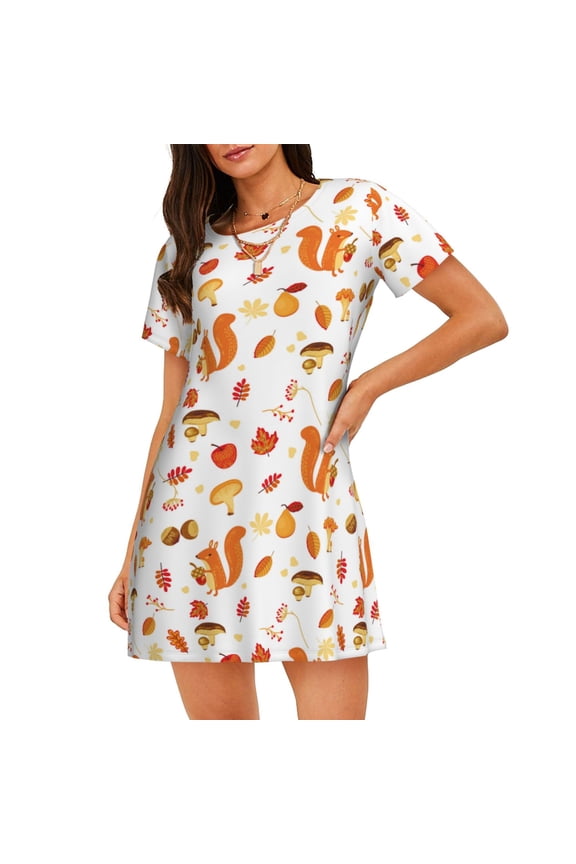 Squirrel InThe Forest3 Print Women’s Nightdress – Cozy Cotton Short-sleeved Sleep Shirt, Loose-Fit Sleepwear, Perfect for Relaxing and Sleeping