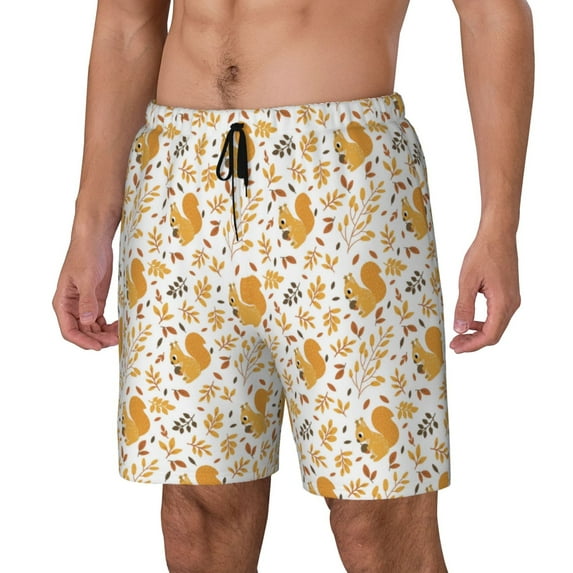 Rateoe Squirrel And Leaves Pattern Men’s Swim Shorts with Compression Liner – Double-Layered Quick-Dry Swimwear, Comfortable & Stretchy Beach Shorts-3X-Large