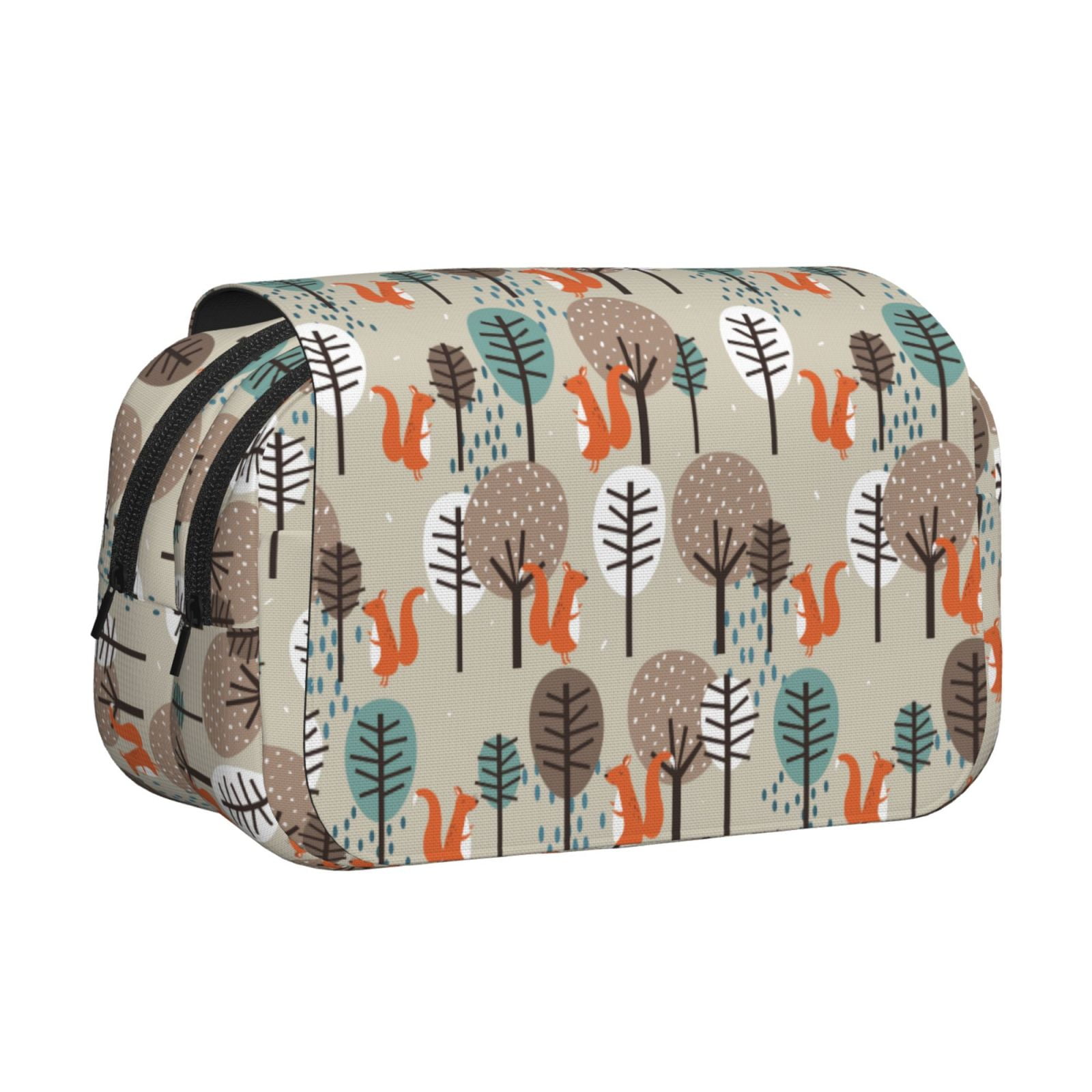 Rateoe Squirrels and Trees Pattern Double Clamshell Pen Case, Storage Organizer with Two Zipper Compartments– Holds Up to 50 Pencils & Pens