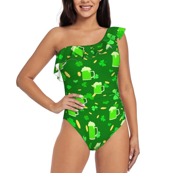 Rateoe St Patrick's Day2 Pattern Women One Piece Swimsuits Tummy Control One Shoulder Bathing Suits Ruffle Swimwear-