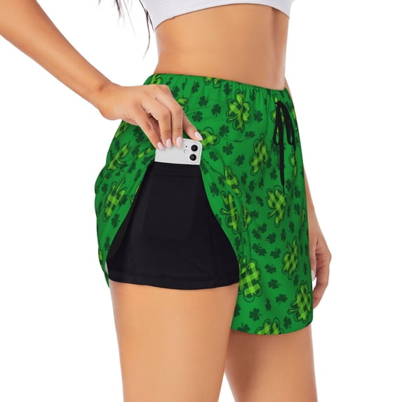 Rateoe St Patrick's Day5 Printed 2 in 1 Women's Workout Shorts for Athletic Gym Running Shorts with Phone Pockets-Small