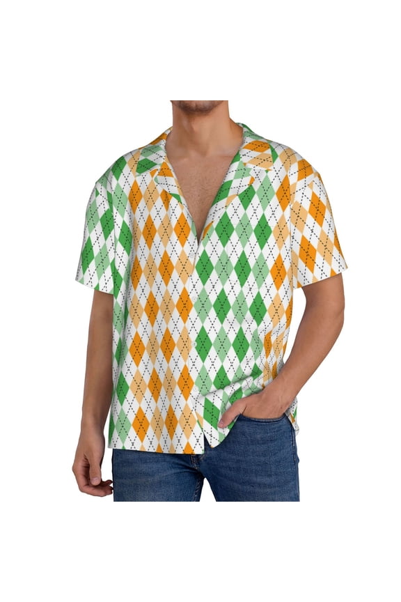 St. Patrick's day argyle Pattern Men's Short Sleeve Classic Shirt, Casual Short-Sleeved Shirt, Lightweight Summer Shirt, Cuban Collar Shirt,Button-Front Shirt-