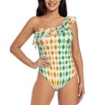 thumbnail image 1 of Rateoe St. Patrick's day argyle Pattern Women One Piece Swimsuits Tummy Control One Shoulder Bathing Suits Ruffle Swimwear-Small, 1 of 6