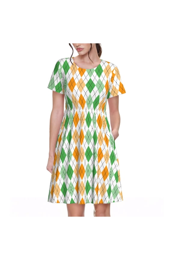 St. Patrick's day argyle Pattern Women’s Short Sleeve Dress – Casual Elegant Summer A-Line Dress for Everyday Wear