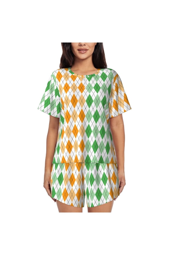 St. Patrick's day argyle Pattern Women's Short-Sleeved Pajama Set - 2 Piece Soft and Lightweight Sleepwear Set-3X-Large