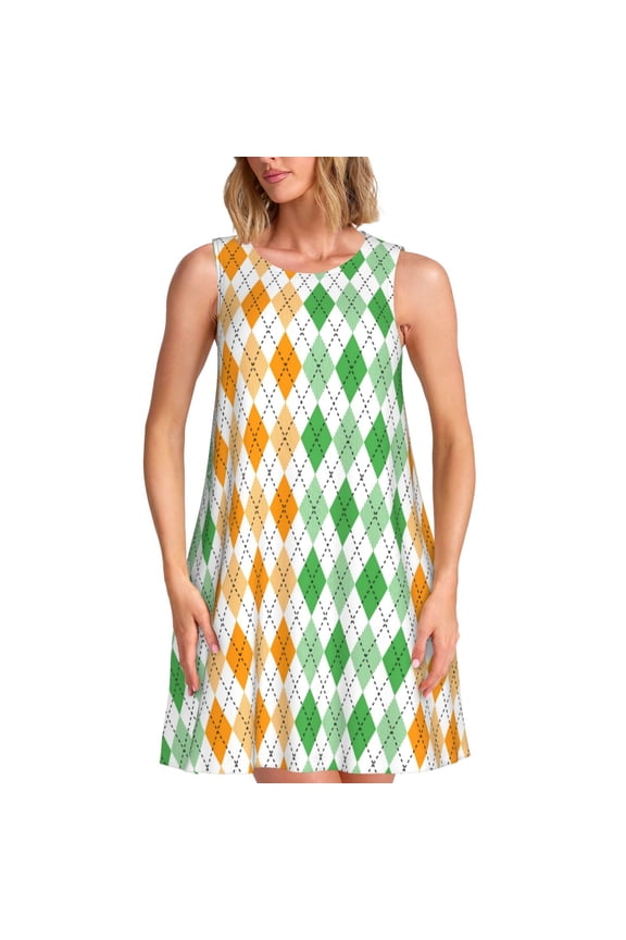 St. Patrick's day argyle Pattern Women’s Sleeveless Dress,Casual Summer Dress,A-line Sleeveless Dress Versatile Summer Dress Stylish Day Dress