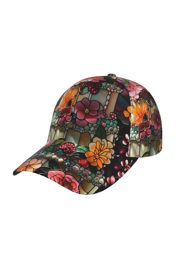 Stained Glass Floral Cake Pattern Mens Baseball Cap Adjustable Curved Brim Hat, Soft Cotton Sports Cap for Outdoor, Casual, and Everyday Wear, Comfortable & Breathable